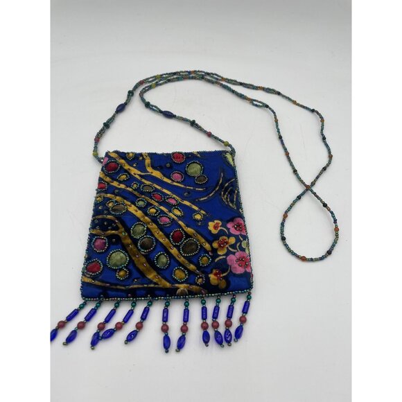 Beaded Velvet Evening Bag With Blue & Multicolor Floral Embroidery Zipper Closur - Picture 1 of 5